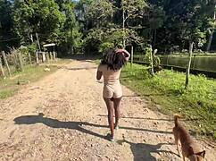 ebony teen's flashing her tight pussy at the waterfall in public, so hot! 🔥
