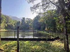 ebony teen's flashing her tight pussy at the waterfall in public, so hot! 🔥