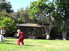 Jade Kush as Chun Li rides two big cocks hard