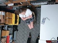 dumb blonde shoplifter caught and fucked by security in bent over doggystyle