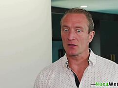 Clarke Kent and River Lynn, the big tit blondie teen, rub her tits and body on her client during the slippery massage