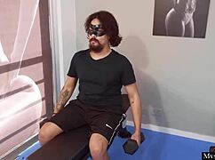 Dirty blonde with big tits, what naughty fantasy at the gym with three guys?