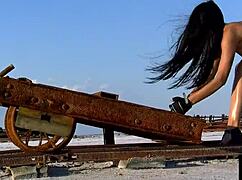 Hispanic Teen Girl Masturbates Wildly with Ring Gag in Desert