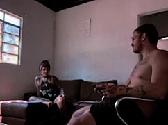 Behind the scenes, naked woman sucks Carmona while playing video game