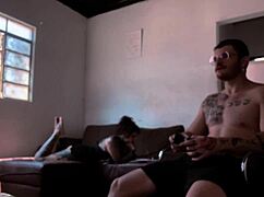 Behind the scenes, naked woman sucks Carmona while playing video game