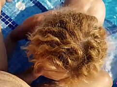 Nice weather leads to solo masturbation in the pool for this mature blonde.
