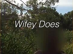 this young wife's first ever nude walk flashing her big tits and shaved pussy 😏