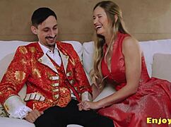 Platinum-blonde with bald twat worships man rod stiffly