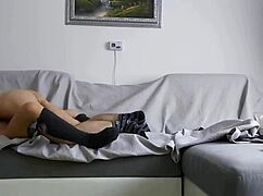 Passionate riding brings intense orgasm on the couch.