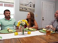 the stepmom seduces her big cock stepson while the stepdad takes a work call, clueless