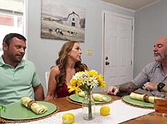 the stepmom seduces her big cock stepson while the stepdad takes a work call, clueless