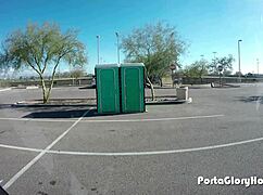 porta gloryhole chubby slut swallows cum from blowjob in public outdoor spot