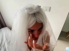 Runaway bride bent over in wedding dress gets doggystyle fucking and cum in mouth 😘