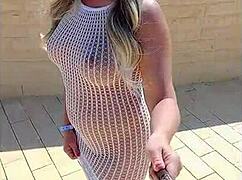 Blonde Amateur Flashes Big Tits in See-Through Dress in Public