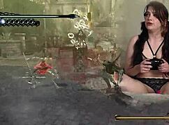 Sexy bimbo masturbates while gaming Bayonetta with Lovense