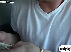 two brunette ladies flash their big tits for cash in the garage.