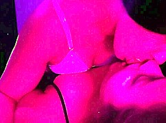 Big tongue sucking and lesbian kisses before bed 😘 with spitting and natural tits on curvy babe.