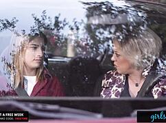 kristen scott from girlsway masturbates while fantasizing about licking and fingering girls' natural tits in outdoor lesbian group