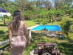 La patrona de la finca seduces a worker fresh from the pool, naked. She takes his muscular body for a wild ride in the dorm shower.
