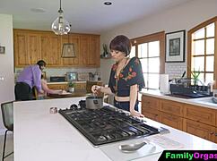 Wow! Old man bangs daring stepdaughter and wife in kitchen while cooking spaghetti!