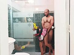 Stepbrother's cock hard watching housewife clean with toys