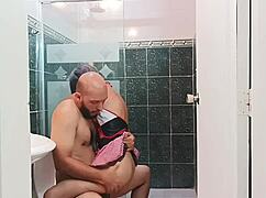 Stepbrother's cock hard watching housewife clean with toys