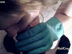 melkingpoint plastic gloves demonstration with blonde milf