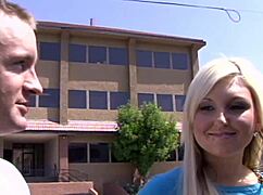 Kendra Devon, a cute skinny blonde with small shaved tits, rides cock and eats cum after blowjob