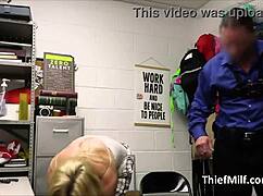 Mall cop forces slutty housewife suspect to squirt on his desk.