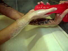 cute girl hot jerking off tight pussy with big dildo in bedroom.