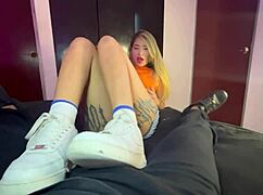 Giving my best friend a steamy blowjob and footjob.