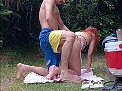 i went to sunbathe and my neighbor arrived and fucked me nicely outside