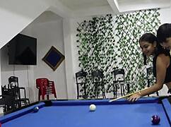 Perverted stepbrother teaches Latina stepsister pool, then bangs her tight pussy hard in wild action.