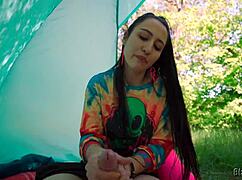 Damn, that hippie slut jerked me off free in her tent!