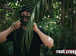 blonde slim babe gets lost in forest, dragged by horny sex maniac for hardcore action