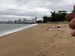 Babe, can I cum on your tits? Public cock flashing on the beach.