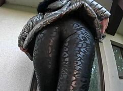 A gardener covers my shiny down-jacket with loads of cum in the backyard