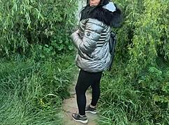 A gardener covers my shiny down-jacket with loads of cum in the backyard