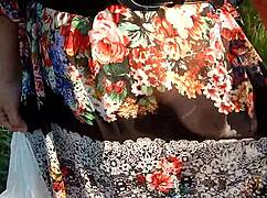 Hairy Mature Woman Teases in Transparent Dress Outdoors