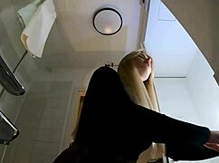 Big tits big ass blonde babe in pantyhose and heels does striptease in bathroom