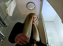 Hot blonde babe with big tits and ass strips in bathroom wearing pantyhose