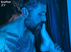 The dirty old man dominantly fucks the redhead's small feet and tight pussy