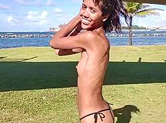 Stripping on the public beach is so thrilling, with clothes ripped and thongs exposed