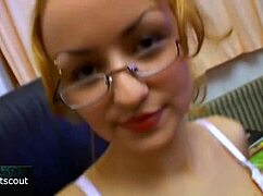 blonde teen with glasses rides cock like a shaved pussy slut
