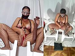 bitch strips down in bodysuit and panties, playing hot with big dildo 😈