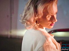 Blonde milf polina performs a striptease for playboy. She shows off her big round ass in a convertible.