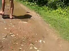 three hot chicks sneaking into the forest to get naughty with hairy pussies