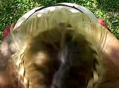 Intense blowjob from blonde with big natural tits, sucking for rich milk outdoors