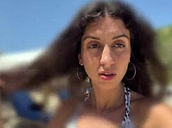 Walking on a public beach after a session. Petite 18+ babe in pov.