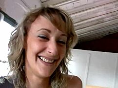 Skinny French blonde milf fucked in ass for money in warehouse